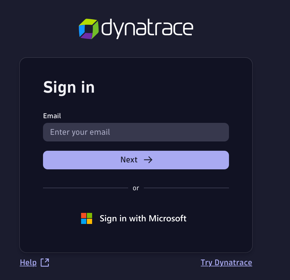 Dynatrace login screen. There’s a field to enter your email address, followed by a button labelled “Next”