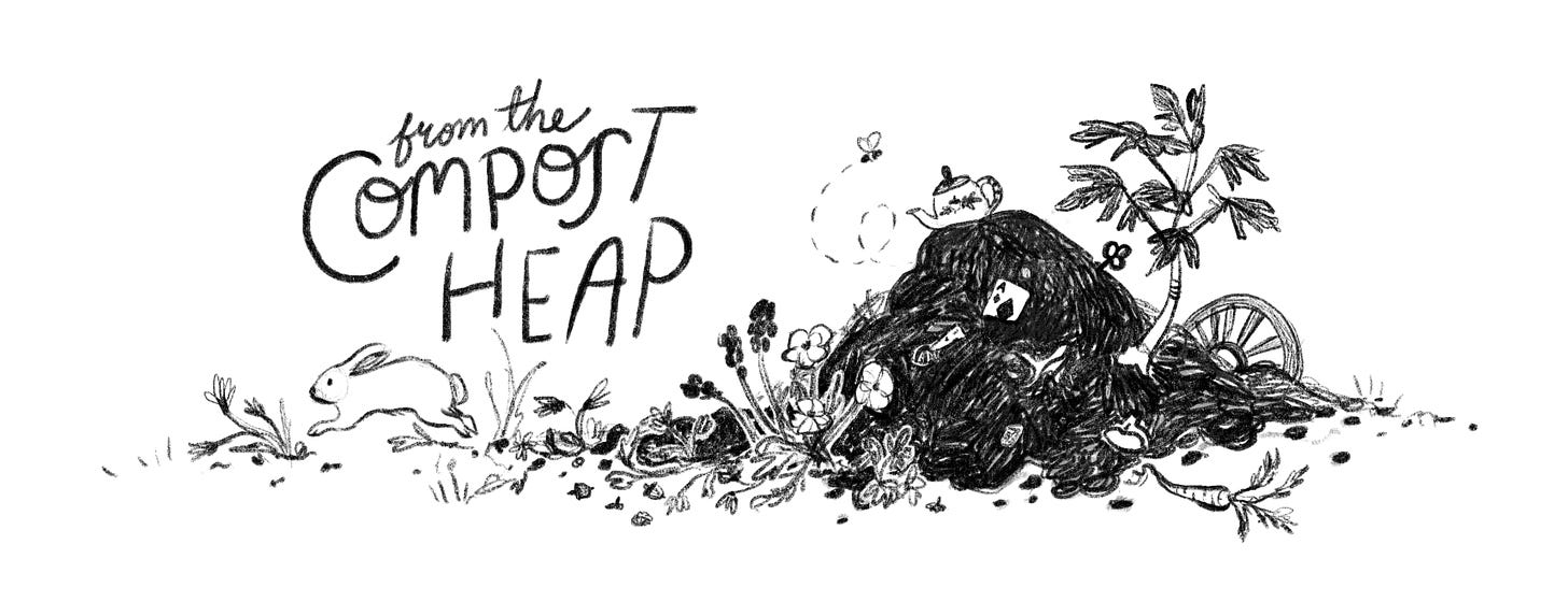 From the Compost Heap header. A pencil style illustration of a compost heap with flowers and plants growing around it. A bee buzzes by and a white rabbit hops by.