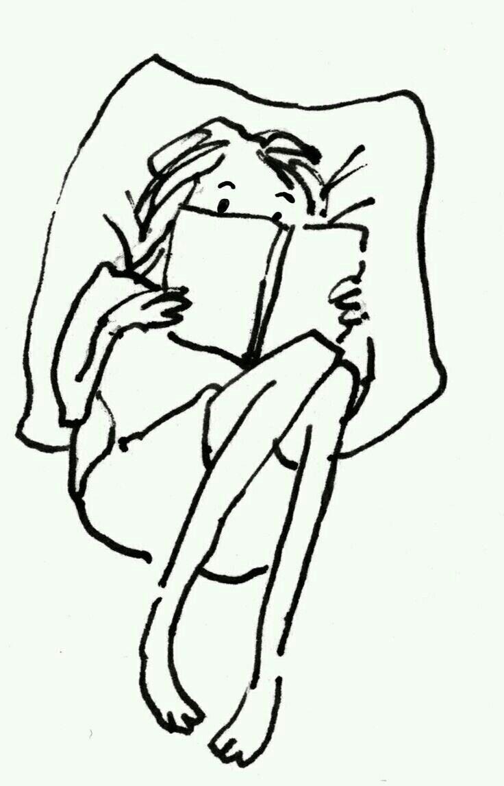 This may contain: a black and white drawing of a person laying in bed with a book on their lap