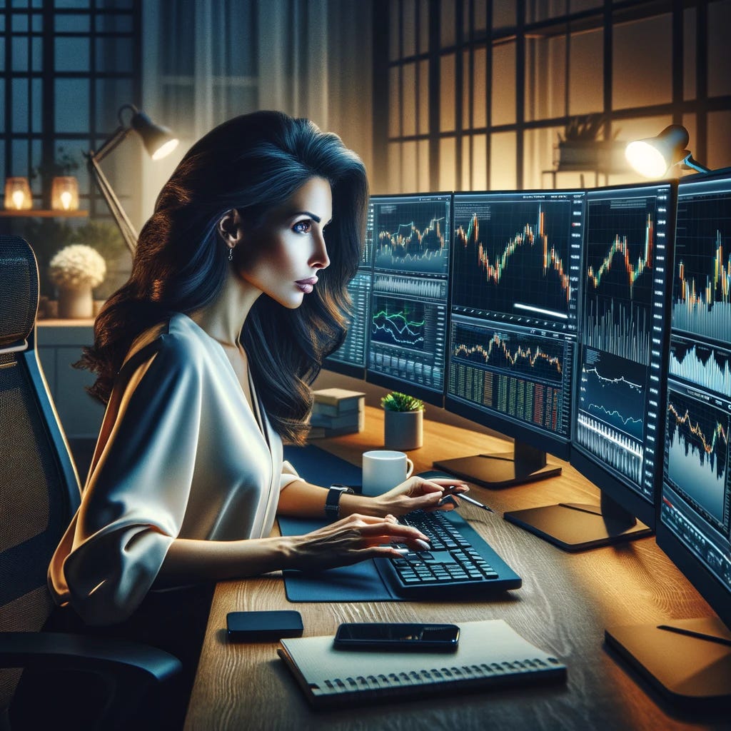 A detailed scene of a beautiful brunette woman seated at her desk, surrounded by multiple computer monitors displaying stock market charts and data. She is deeply focused, analyzing trends and making notes. Her workspace is well-organized, featuring a sleek, modern design with a comfortable office chair, and the ambient lighting is soft yet sufficient for work. On one of the screens, a graph is showing an upward trend, symbolizing optimism. The woman's expression is one of concentration and determination, embodying the essence of a dedicated investor researching her stocks ahead of earnings. The setting is in a home office, blending professionalism with personal comfort.