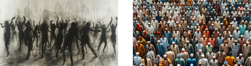 Two contrasting images: the left image features an abstract, black and white depiction of shadowy, dancing figures, evoking a sense of eerie movement and ghostly presence; the right image shows a large crowd of men in colorful traditional clothing and white caps, gathered closely together, likely for a communal prayer or event.