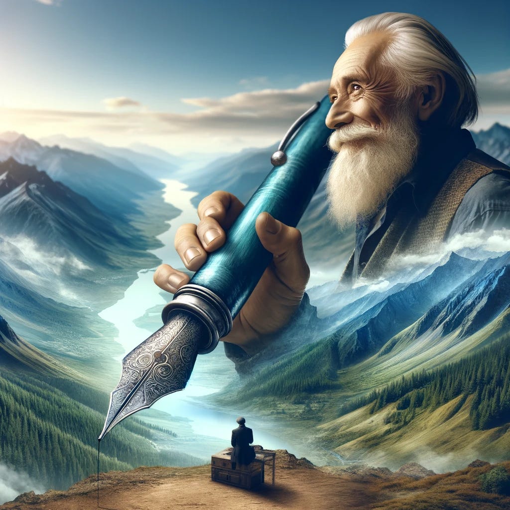 An old man stands atop a mountain, his posture exuding a sense of achievement. He holds aloft a gigantic fountain pen, its tip glistening as if it had just sketched the vast landscape sprawling before him. The man's eyes sparkle with satisfaction, reflecting the pride of a creator. The landscape itself is a marvel of artistry, with countless shades of blue and green painting a serene and vibrant scene. The sky above is clear, allowing the sun to cast a gentle glow over the mountains, forests, and rivers below, enhancing the magical atmosphere of this moment.