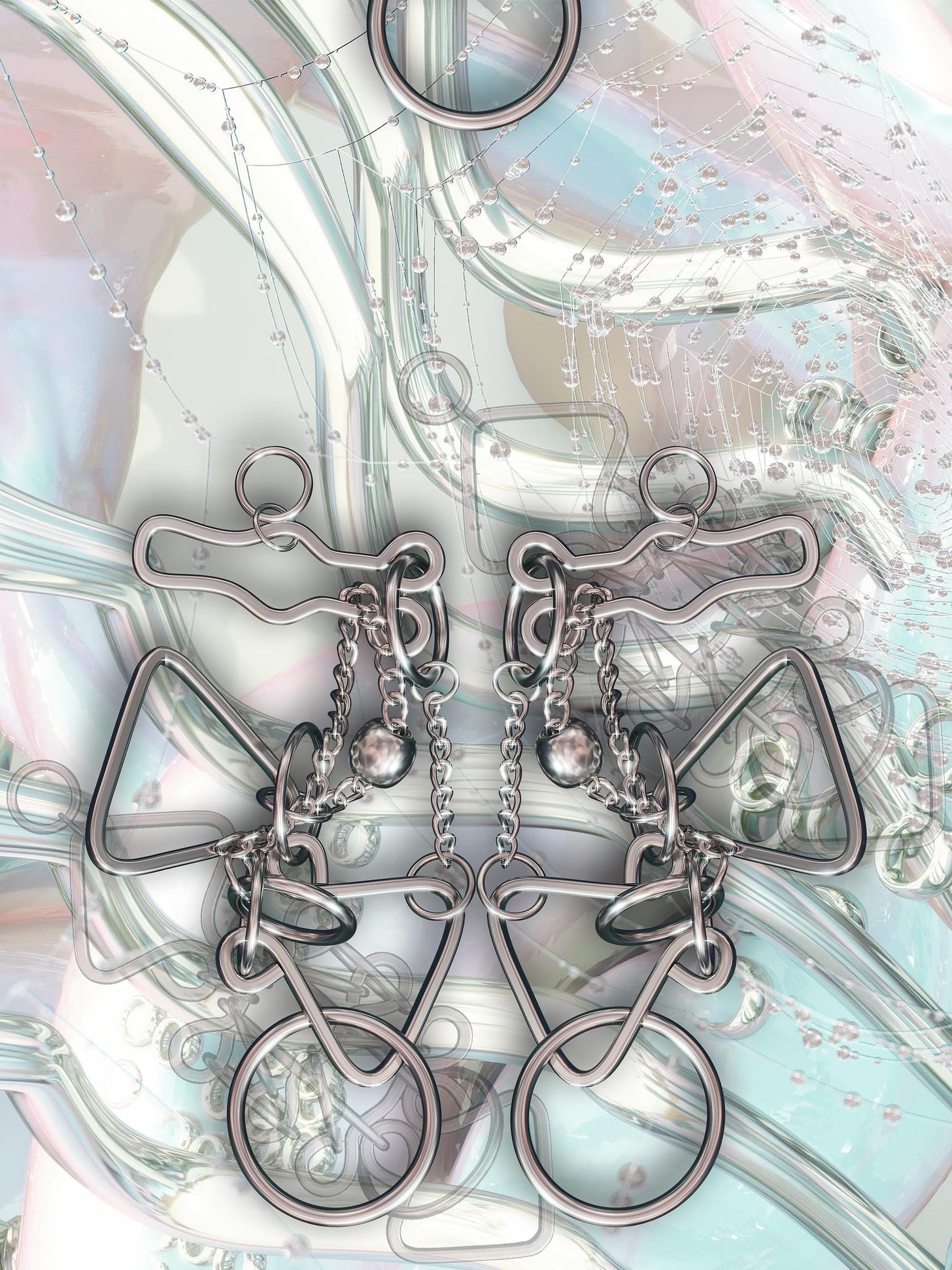 A digital image shows an interlocking network of shiny steel shapes and chains against an epoxy and aerosol paint background with light pastel tones and chains of bubbles.