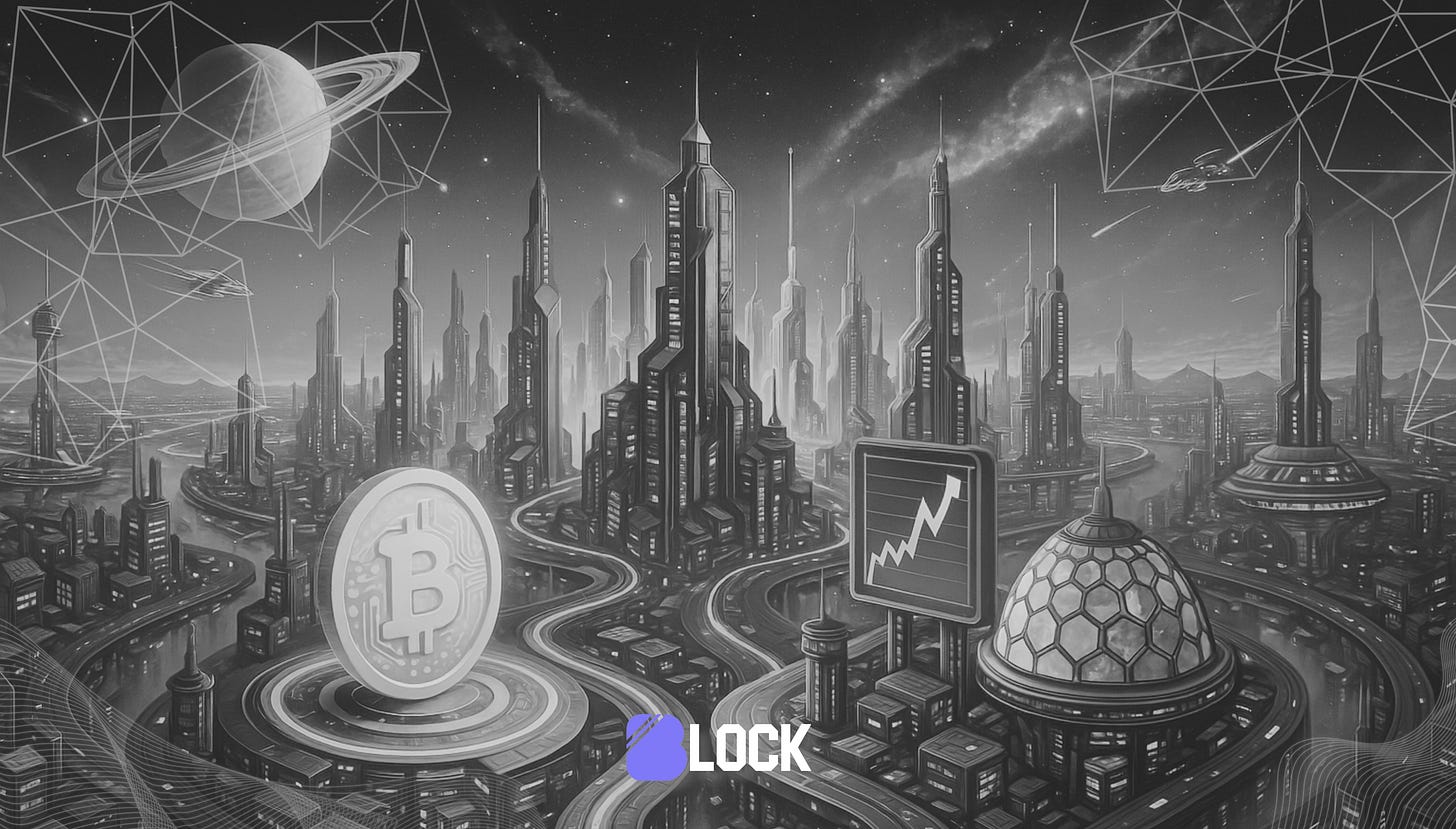 A futuristic space city with advanced skyscrapers, neon-lit roads, and high-tech architecture under a starry sky. A large Bitcoin coin stands on a platform in the foreground, next to a rising chart on a digital billboard. A domed structure with hexagonal panels and a distant ringed planet with polygonal wireframe overlays add to the sci-fi atmosphere. The scene is monochrome with a purple 'Block' logo at the bottom center.