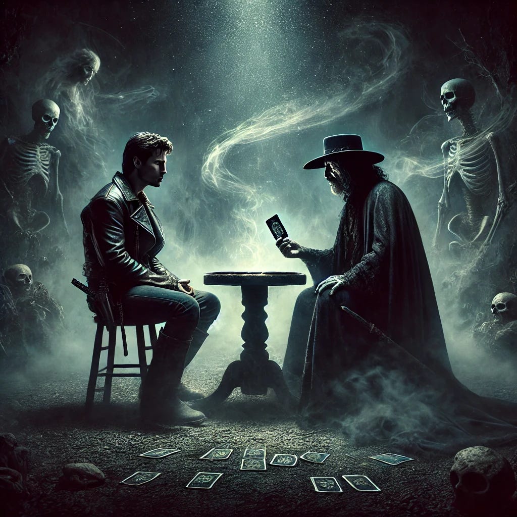 A dark fantasy-themed image depicting the memorable scene from Stephen King's *The Gunslinger*, where Roland Deschain confronts the Man in Black. The setting should be eerie and otherworldly, with the two characters sitting across from each other at a stone table in the middle of a desolate landscape. The Man in Black is performing a tarot reading for Roland, with the cards laid out between them. The scene is lit by a dim, unnatural light, casting long shadows. The background should be dark and mysterious, with swirling mists and faint, ghostly images hinting at the cosmic forces being discussed. Roland is in his gunslinger attire, while the Man in Black is shrouded in dark robes, adding to the ominous atmosphere.