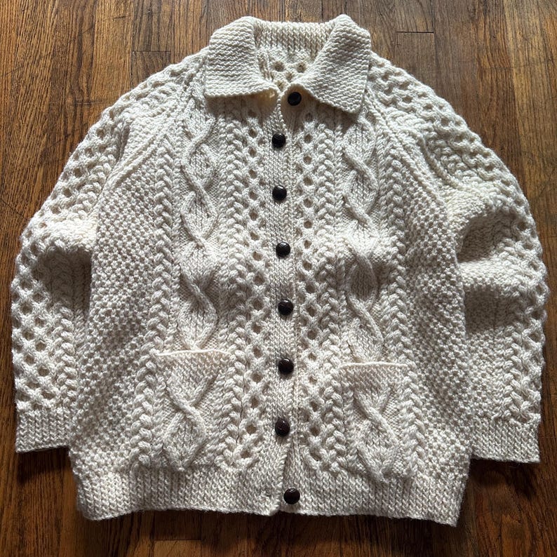 Vintage 80s Irish Knitted Wool Cableknit Cardigan Button Down Fisherman Sweater Size Medium image 1