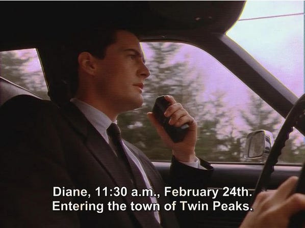 screengrab of Agent Cooper entering Twin Peaks while saying "Diane, 11:30 a.m., February 24th. Entering the town of Twin Peaks."