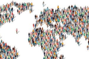 illustration of world map comprised of people