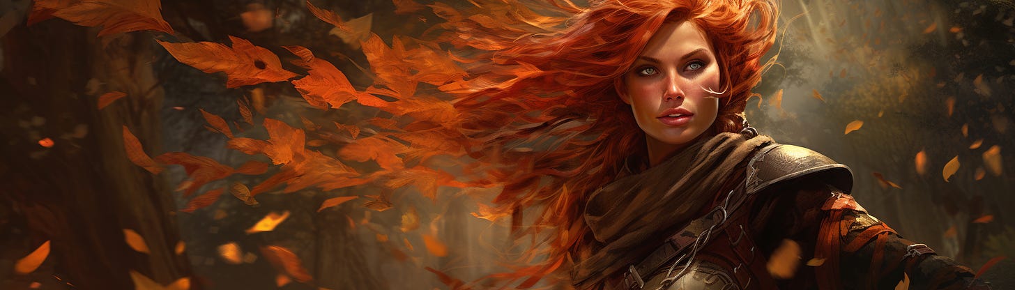 Red-haired druid woman whose hair is turning into leaves