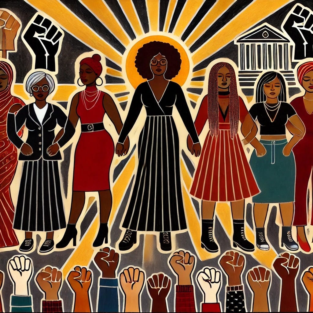 A group of Black women hold hands, standing before a crowd with Black power fists and in front of a sun and multiple Black power fist icons. The picture is artistic, seemingly drawn.