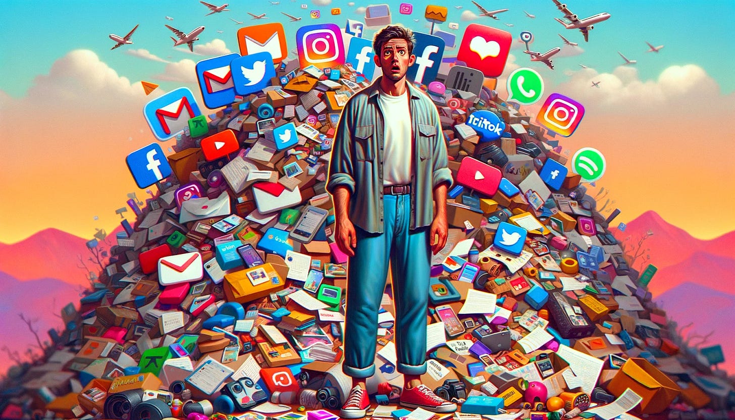 A whimsical, cartoonish scene featuring a realistic man staring in disbelief at massive piles of his digital footprint, including overflowing Gmail emails, heaps of Facebook chats, mountains of Instagram photos, and stacks of TikTok videos. The style is vibrant and exaggerated, with each type of digital content distinctly represented. The man is dressed casually and his expression captures a mix of surprise and overwhelm. The background is colorful and busy, emphasizing the chaos of digital clutter.