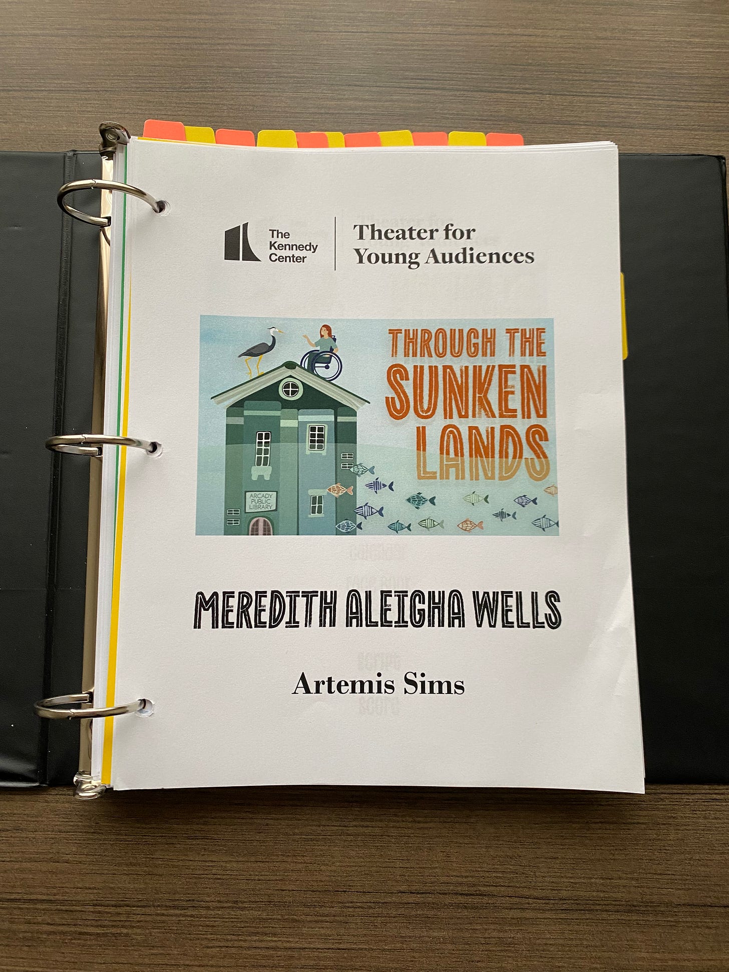 picture of script with text that reads the kennedy center theater for young audiences through the sunken lands meredith aleigha wells artemis sims