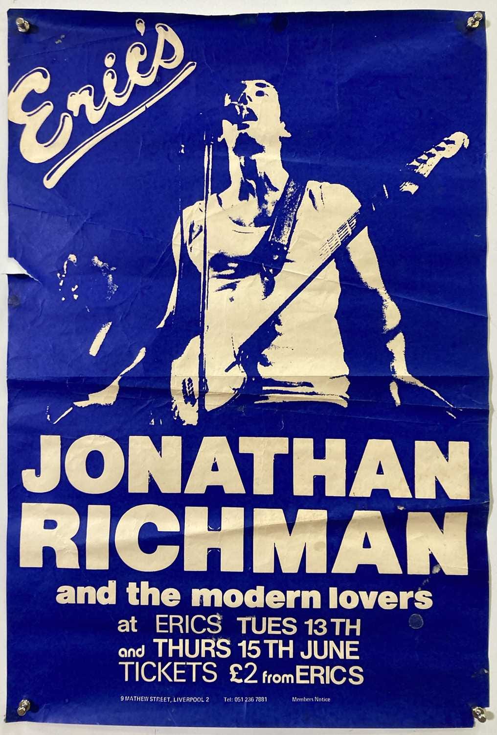 Poster advertising Jonathan Richman and the Modern Lovers at Erics's, Tues 13th and Thurs 15th June (1978). Tickets £2.