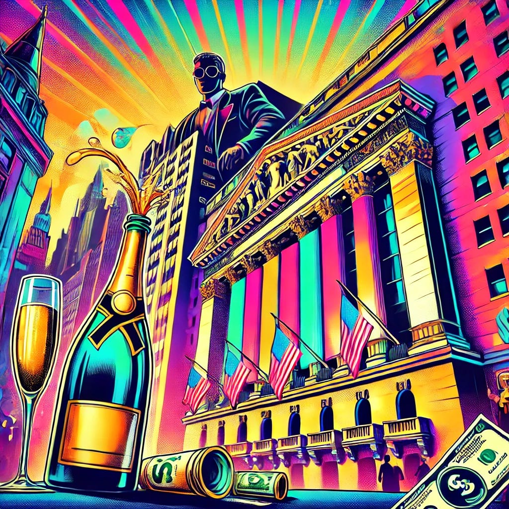 A vibrant pop-art style illustration of Wall Street depicted as a glamorous party. The iconic New York Stock Exchange building is adorned with colorful lights and decorations. In the foreground, there are champagne bottles and dollar bills scattered, symbolizing excess and celebration. A subtle shadow in the background shows a giant bill arriving, symbolizing future consequences. The artwork is dynamic, vibrant, and highly stylized, designed to blend themes of financial exuberance with a hint of impending cost. The composition should be in a 1920x1080 horizontal rectangular format.