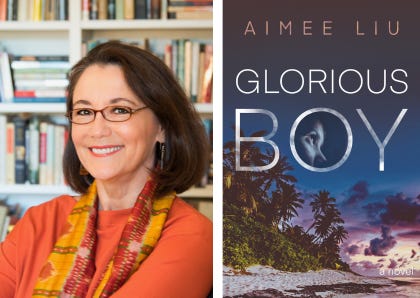 author photo of Aimee Liu smiling in her library next to the book cover for Glorious Boy