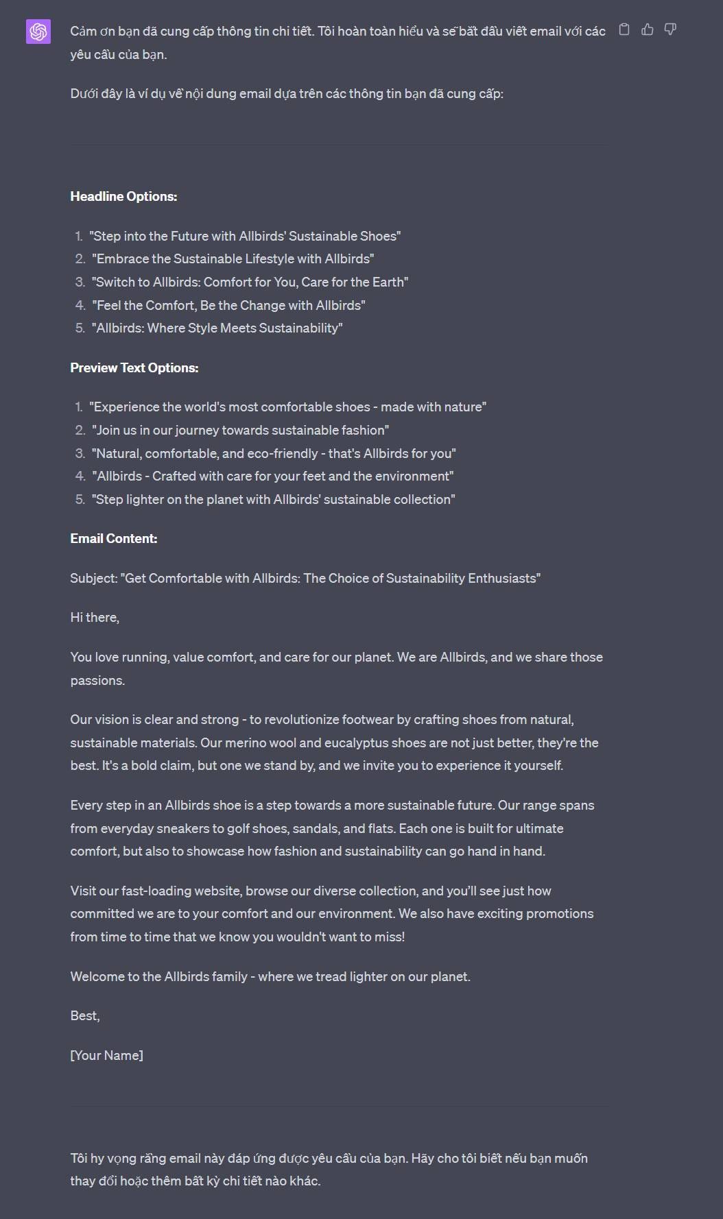 Có thể là hình ảnh về văn bản cho biết 'yêucâucủabạn. Headline Options: Sustainable Lifestyle Allbirds" Comfort Comfort Preview Options: nature" that's Email Content: Subject: Hithere, Enthusiasts" unning, value omfort, passions. our planet. Allbirds, share hose strong revolutionize merino crafting shoes loading website, the llbird family where tread ighte planet. [YouName] ăng email yc'
