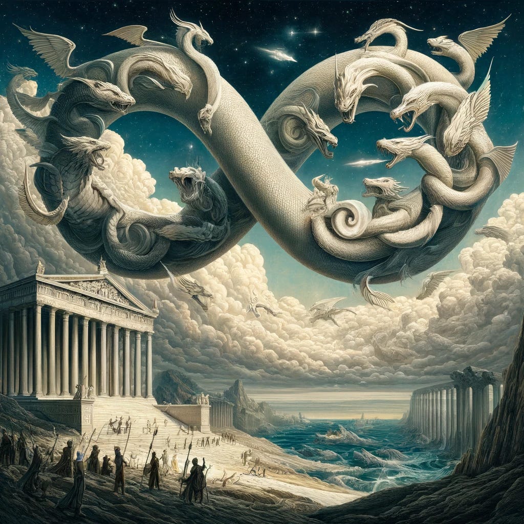 A detailed illustration of the 'Infinite Hydra Game' featuring a Hydra that forms an infinity symbol, set against a mythological background. The Hydra, with its numerous heads and tails, loops gracefully to create the infinity shape. The scene is enriched with elements of ancient Greek mythology, including marble columns, a Pantheon-like temple in the distance, and ethereal clouds. Mythological figures, perhaps gods and heroes, are depicted as small silhouettes, engaged in a battle with the Hydra using spears and swords. The setting conveys a timeless battle of epic proportions, surrounded by an air of legend and mystique.