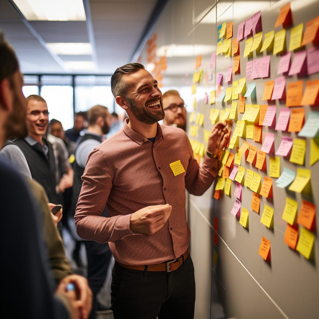 A photograph of a product manager connecting with several users to collect feedback in an office setting