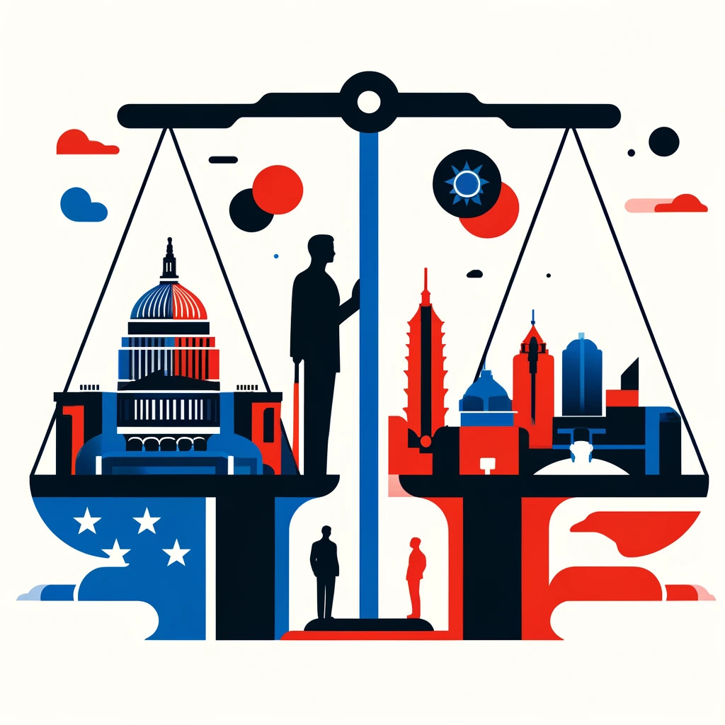 A modern, minimalistic illustration featuring a stylized depiction of the US Capitol building on the left and Taiwan’s skyline on the right, connected by a symbolic bridge of red and blue hues. The composition should include abstract elements such as floating scales to suggest balance, and silhouetted figures of a diplomat and a military officer standing on opposite sides of a central line, representing the dual paths of strategy and policy. The artwork should have bold, clean lines and a contemporary design aesthetic.