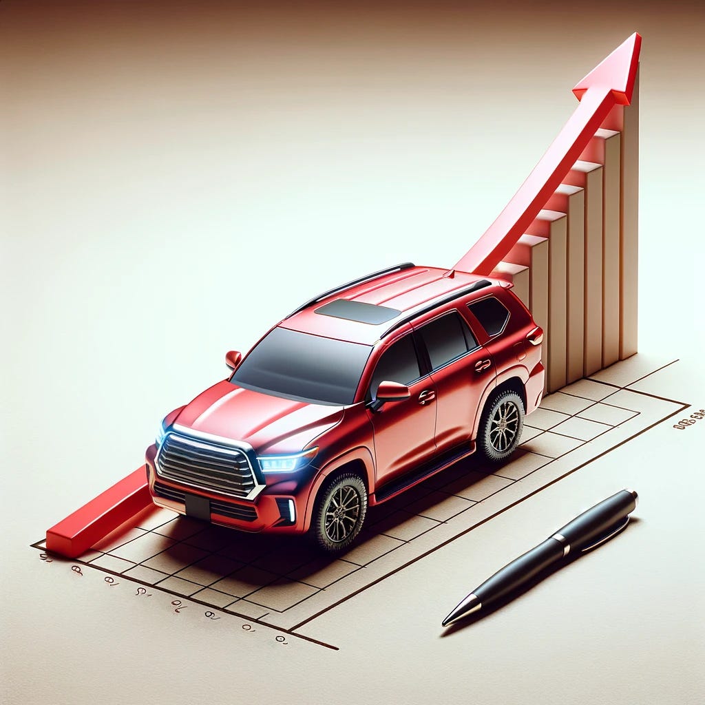Image of a stylized 3D bar graph with an upward trending red arrow, on which a small, red, 4-wheel-drive vehicle styled like a 2021 Toyota Sequoia is placed. The vehicle sits on a solid red portion of the trend line that represents past growth, while ahead of the vehicle, the line extends to an upward-pointing arrow, indicating future projections. The graph is overlaid on a beige background, with a pen at the bottom right corner for scale.