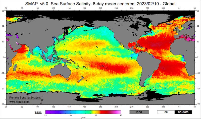 global map of sea surface salinity with colors indicating salinity ranging from green (average) to red (high) global map of sea surface salinity with colors indicating salinity ranging from green (average) to red (high)