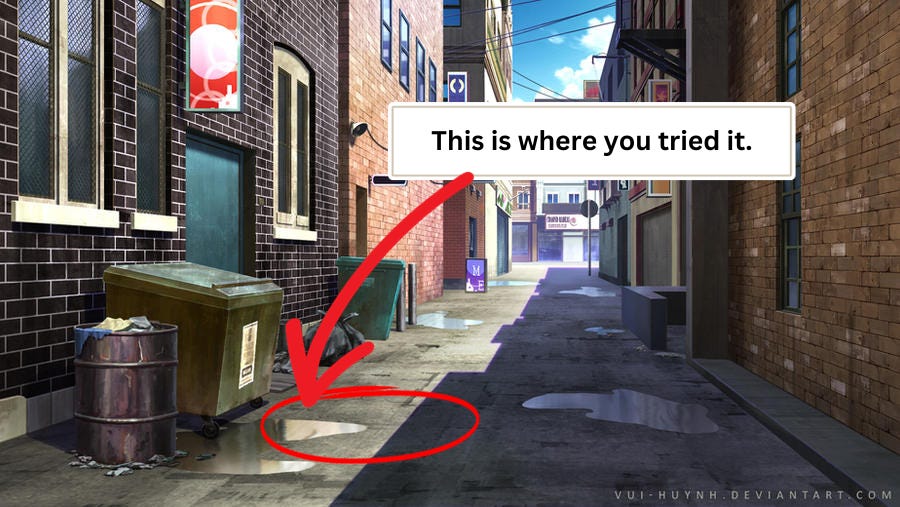 animated alleyway with text that reads "this is where you tried it" with a red arrow pointing to a red circle