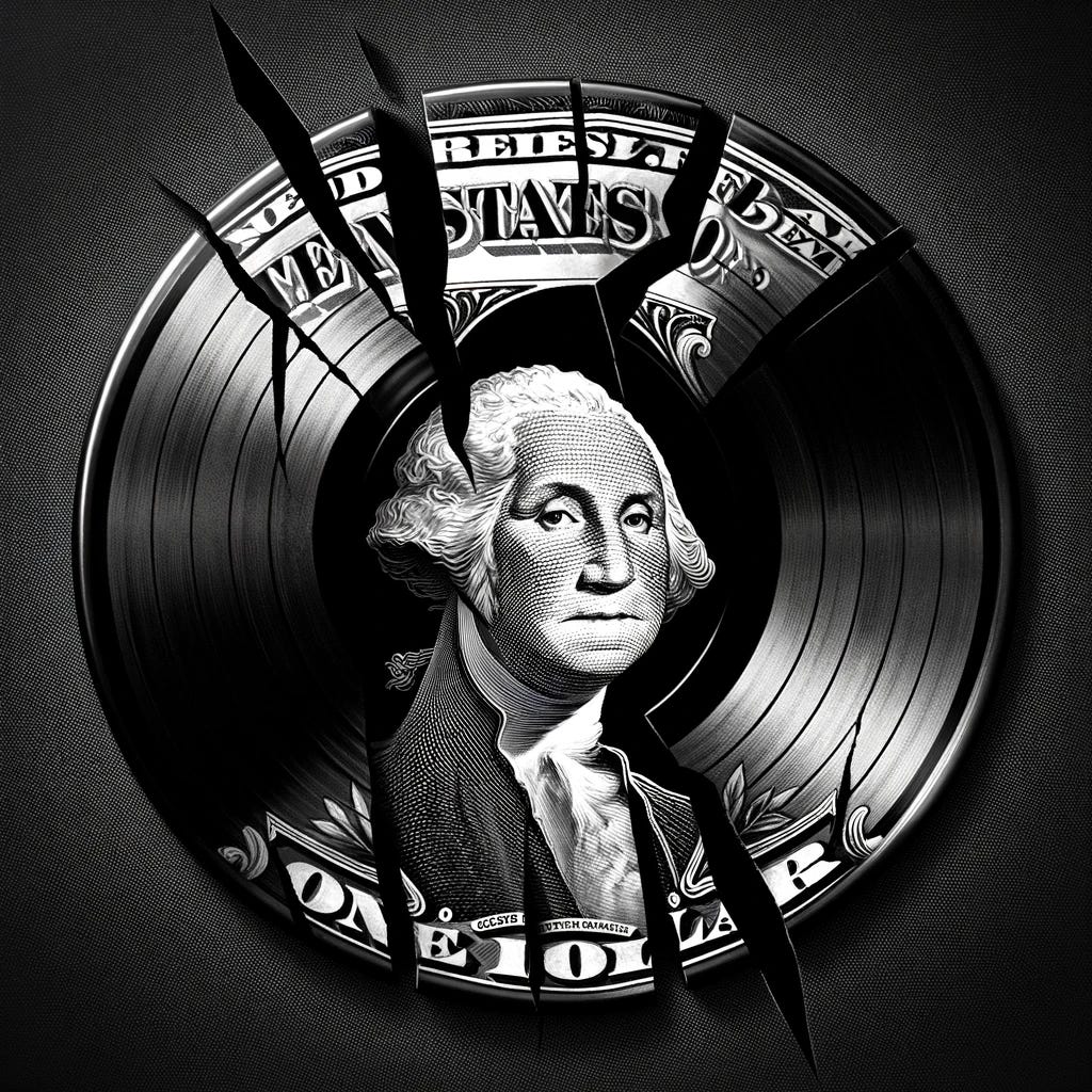 Modify the image to depict the vinyl record with George Washington's image from the dollar bill as its label, but this time, show the record as broken. This alteration represents the fragile relationship between music and its economic value, suggesting that while music holds significant financial importance, it is also vulnerable to the pressures and challenges of the music industry. The broken record symbolizes the potential for loss and the impact of external factors on the integrity of music as both an art form and a commodity. The design should clearly portray the vinyl record snapped in half, with George Washington's image still visible on one of the broken pieces, maintaining a poignant reminder of the intertwined nature of music and money, yet highlighting the damage and disruption that can occur within this dynamic.
