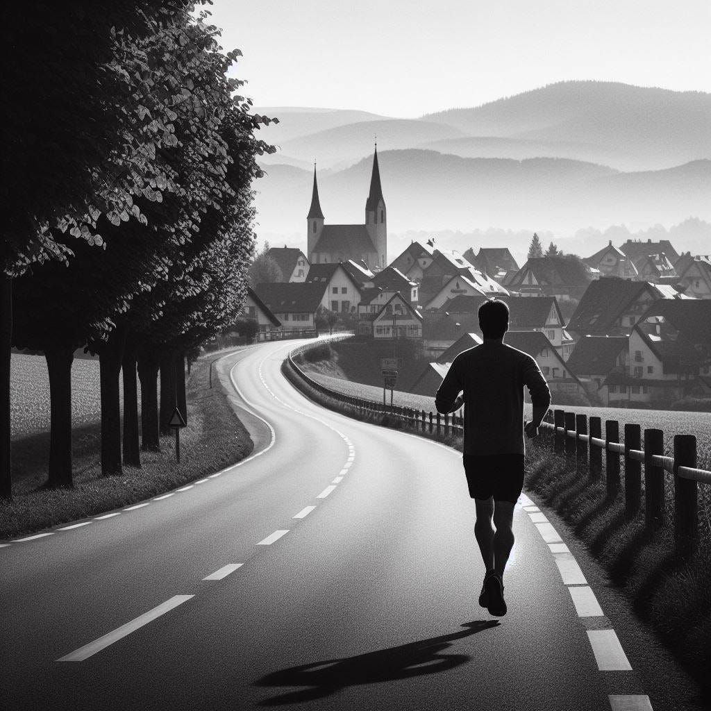 black and white photo of a man jogging in the distance along a quiet road in a town