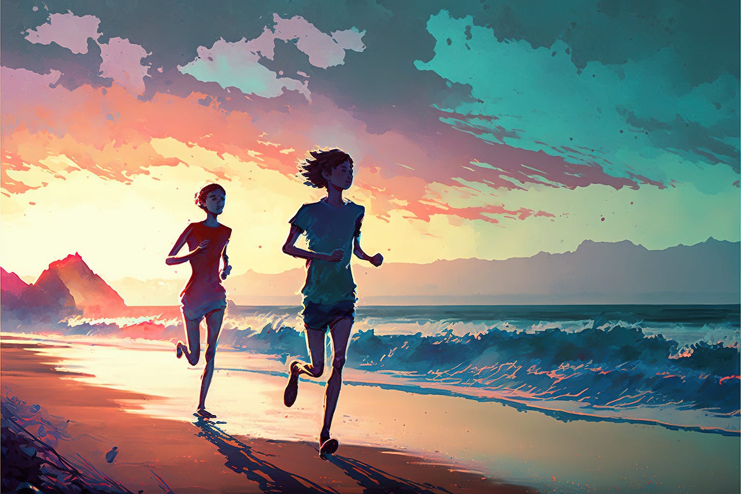 Young adults running on a beach at sunrise.