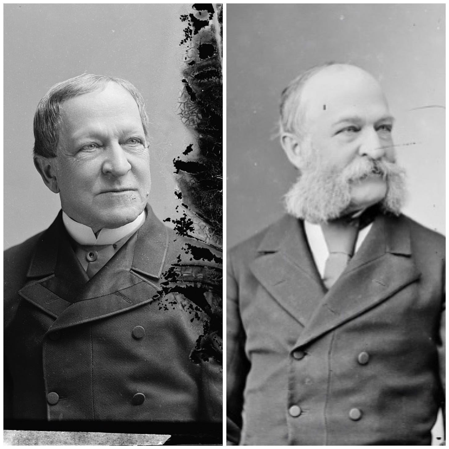 Two pictures of Levi Parsons Morton. In both he gazes to his left with smiling eyes surrounded by laugh lines. In the portrait on the left, he his a little younger and clean-shaven. In the portrait on the right, he has mutton chops so long they extend to his collar before meeting up beneath his nose in an extremely luxuriously bushy moustache.