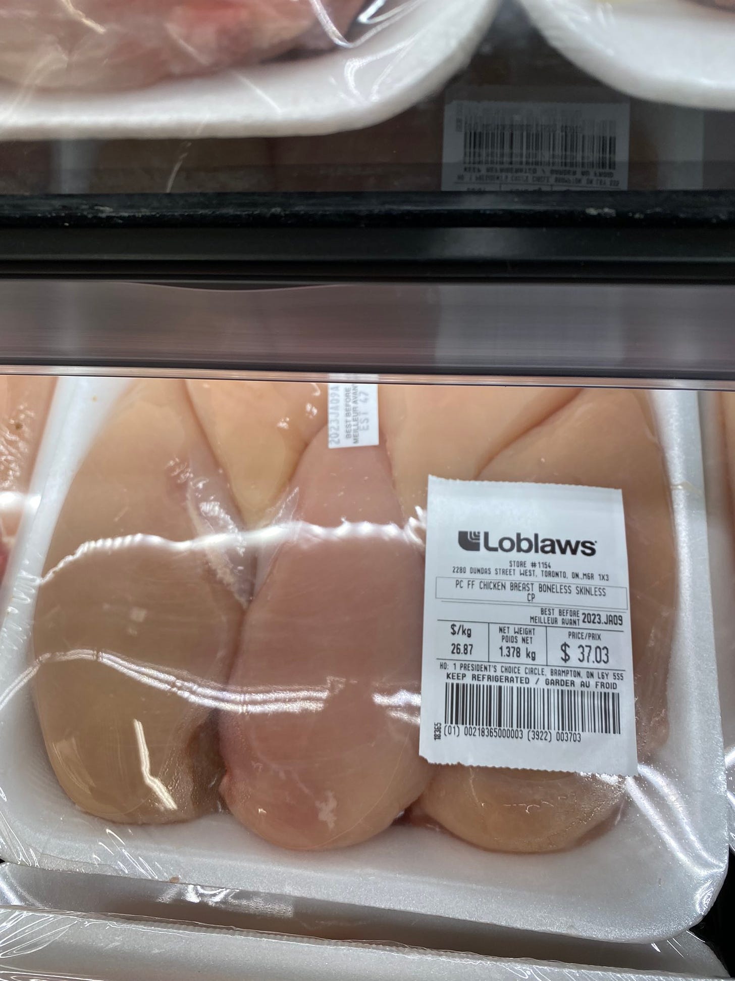 A pack of five chicken breasts at Loblaws priced at $37.