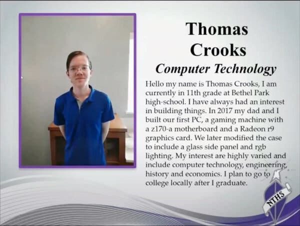 Who Is Thomas Crooks? From Honor Student to Gunman Who Tried to Kill Trump  - The New York Times