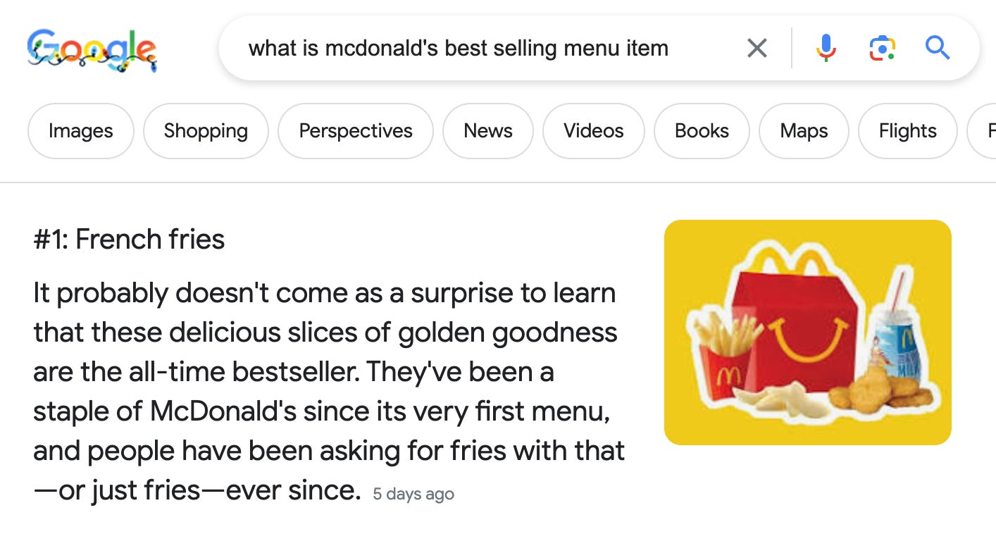 A google search asking "what is mcdonald's best selling menu item" and the top response is french fries.