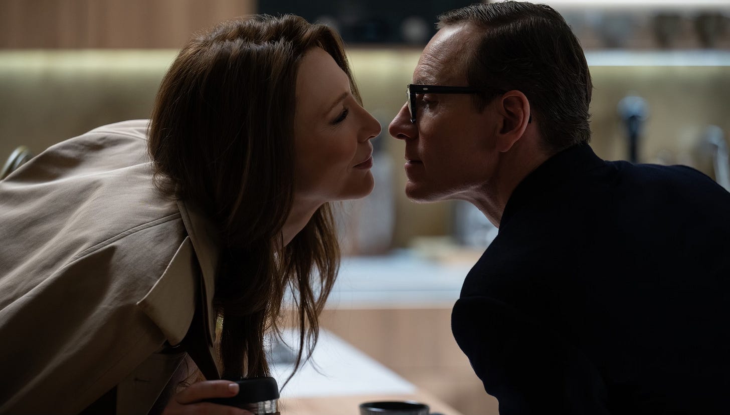 Cate Blanchett as Kathryn St. Jean and Michael Fassbender as George Woodhouse in Black Bag Cate Blanchett as Kathryn St. Jean and Michael Fassbender as George Woodhouse in Black Bag