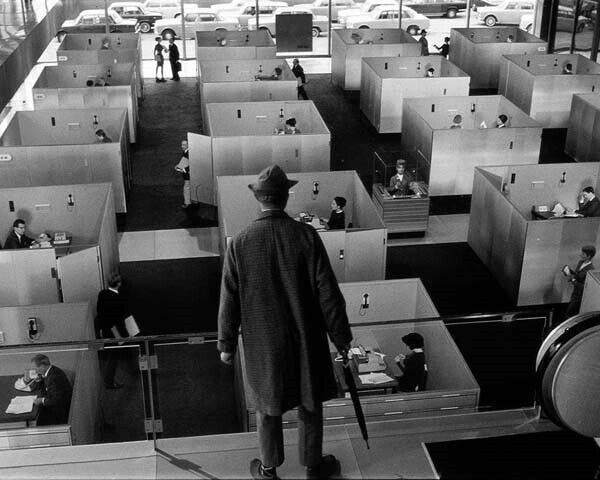 Playtime 1967 8x10 inch photo Jacques Tati as Monsier Hulot on desk in  office