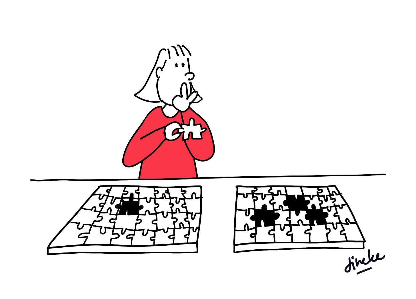 Cartoon of woman transferring one piece of a jigsaw puzzle to another