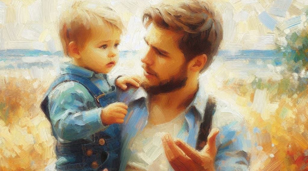 A father holding and speaking to his toddler son.