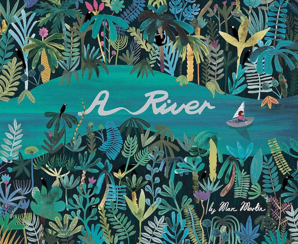 Copertina del libro "A river" di Marc Martin. Il titolo è in corsivo e richiama il corso di un fiume. Attorno ci sono tantissime piante di colori e forme diversi.