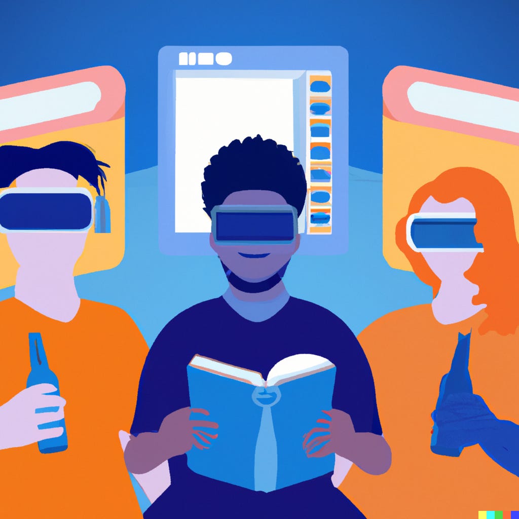 Three illustrated characters wearing VR headsets. One is reading a book, the other two have bottles of beer.