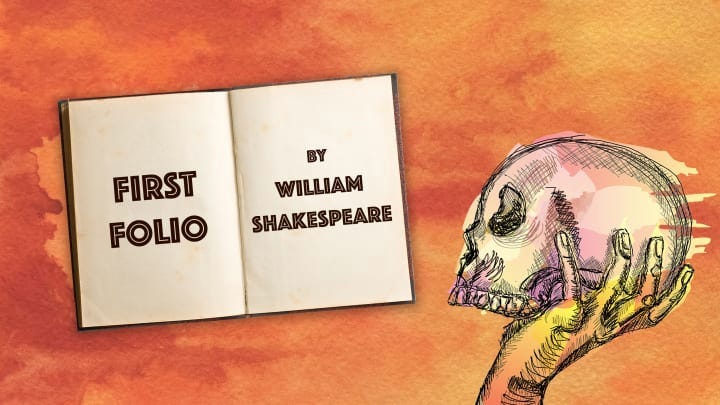 An open book that says "First Folio by William Shakespeare" next to a hand holding a skull