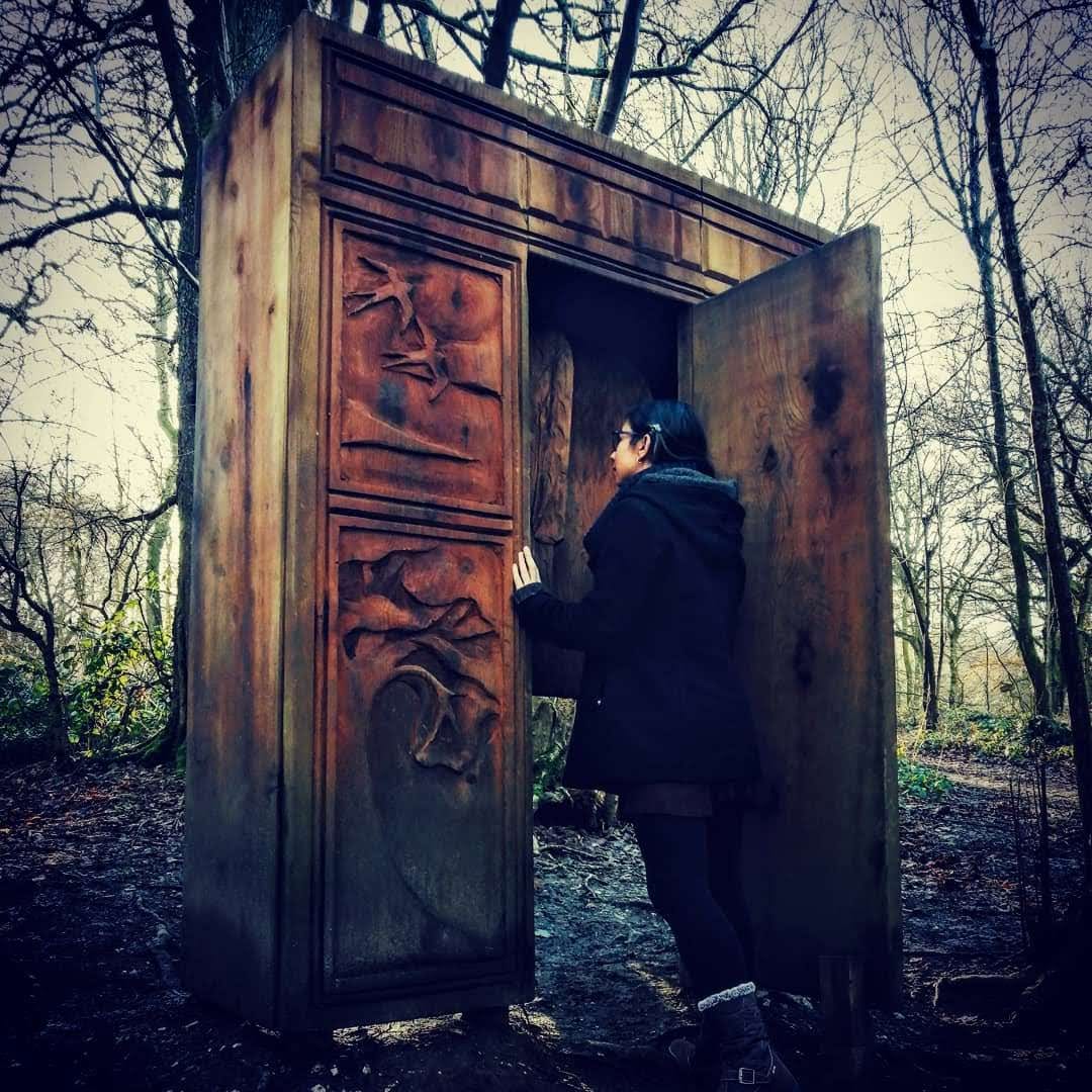 The author looks through the doorway of a wardrobe in the middle of the woods.