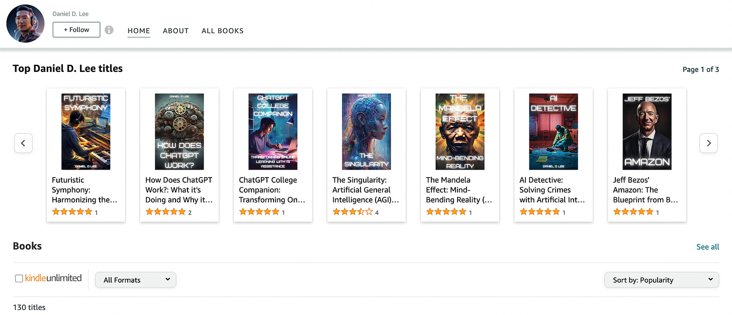 Daniel D. Lee's author page on Amazon featuring 130 self-published ebooks.