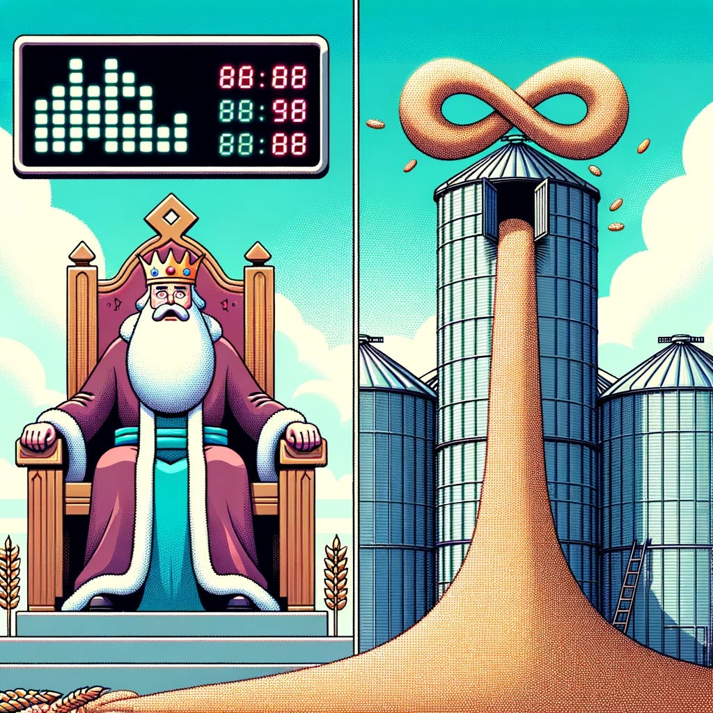 Vector Graphic: A split screen. On the left, a king confidently sitting on his throne with silos filled with wheat in the background. On the right, the same king looks shocked and worried, as the silos burst open, overflowing with grains. Above the scene, a digital counter shows the exponential growth of grains, with numbers rapidly increasing and then turning into the symbol for infinity.