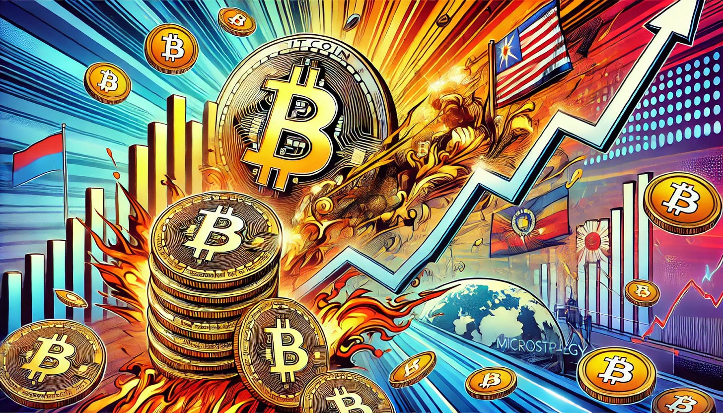 A dynamic, vibrant pop-art style illustration featuring Bitcoin breaking records, with a visual of Bitcoin coins rapidly climbing in value in the background. In the foreground, MicroStrategy's logo, symbolizing its massive purchase of Bitcoin, with imagery of large stacks of Bitcoin and dynamic lines suggesting growth. To the right, a representation of Asia facing a political drama, with symbols of chaos like flames, broken lines, and flags indicating instability. The scene has bright colors, energetic lines, and a sense of motion. The whole image represents the intersection of finance and geopolitics, with a strong emphasis on Bitcoin and the company's actions, set in a futuristic, stylized pop-art design.