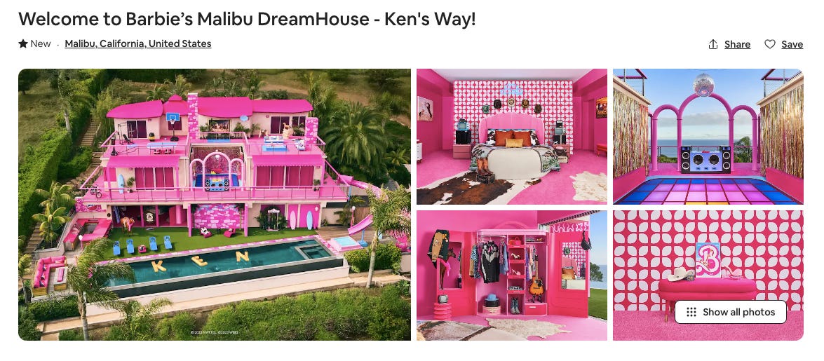 print-screen de um pedaço de anúncio no Airbnb - com título e mosaico de fotos. o título é “barbie's malibu dreamhouse”, e as imagens mostram uma mansão com piscina na frente, toda pintada de rosa com ares de casa de boneca. as outras fotos mostram cômodos cor-de-rosa - um quarto, um closet e uma área externa com pista de dança.