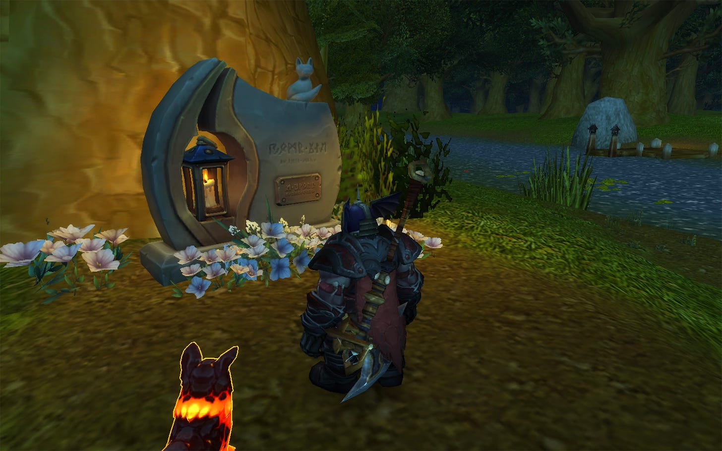 Screencap from World of Warcraft of a dwarf warrior standing at a gravestone in an enchanted forest.