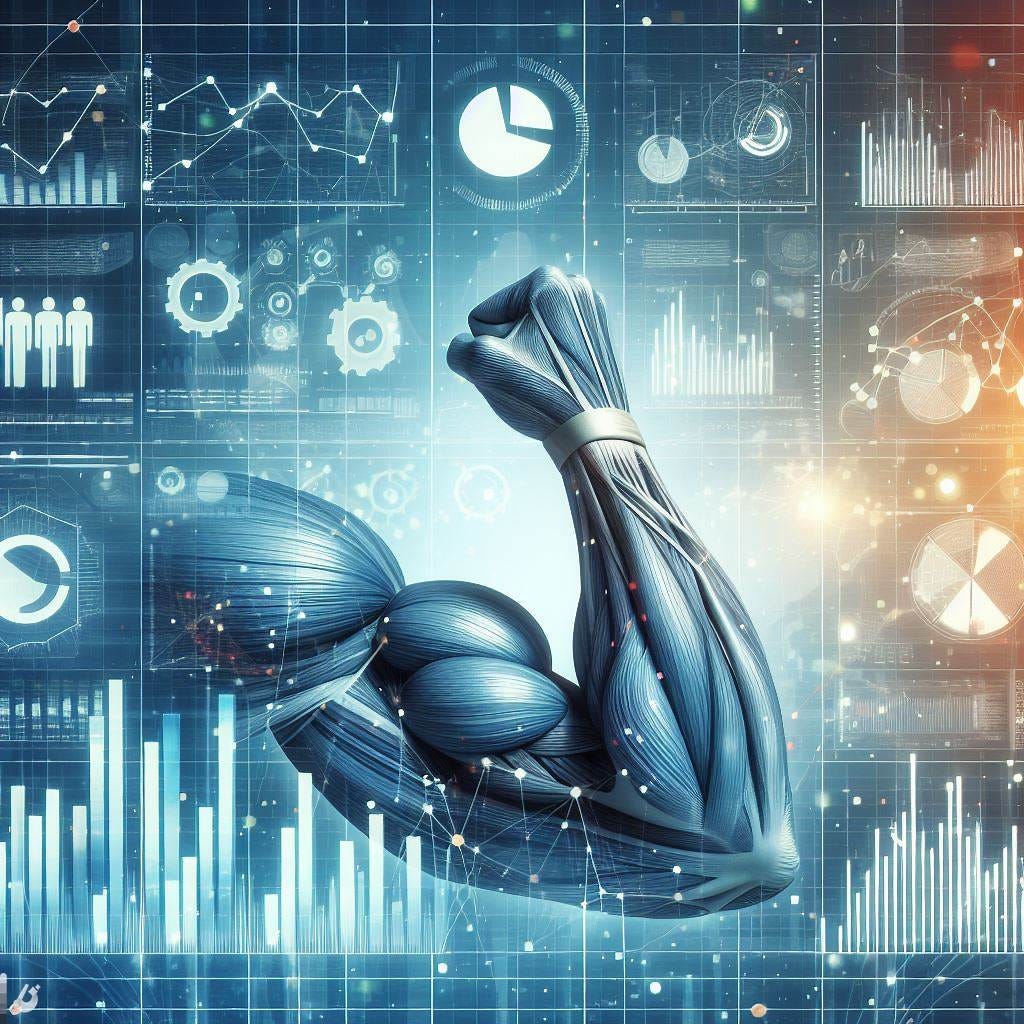 An image of muscles and data analytics charts in the background