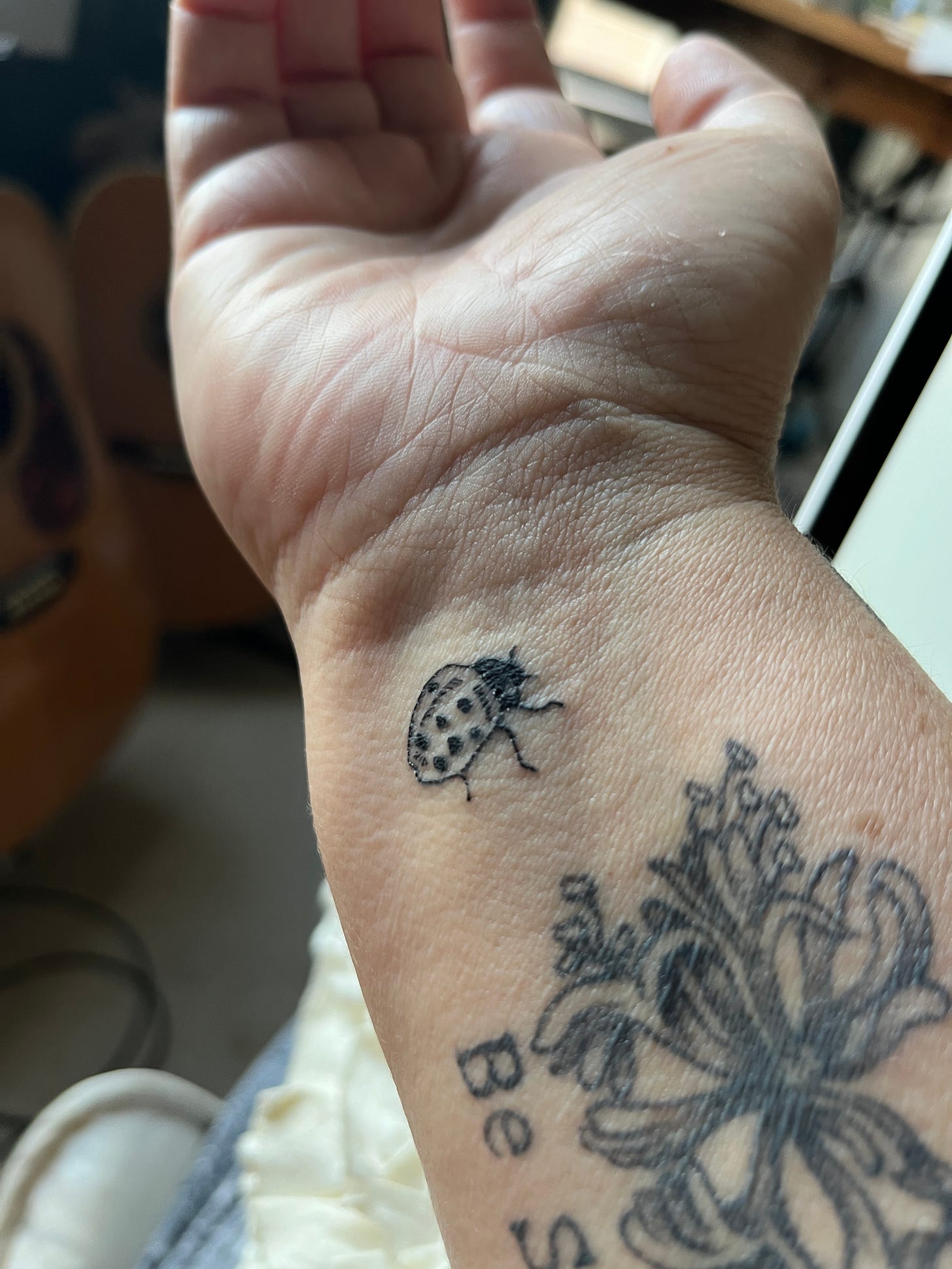 Robyn's other arm with the tiny ladybug tattoo on her wrist