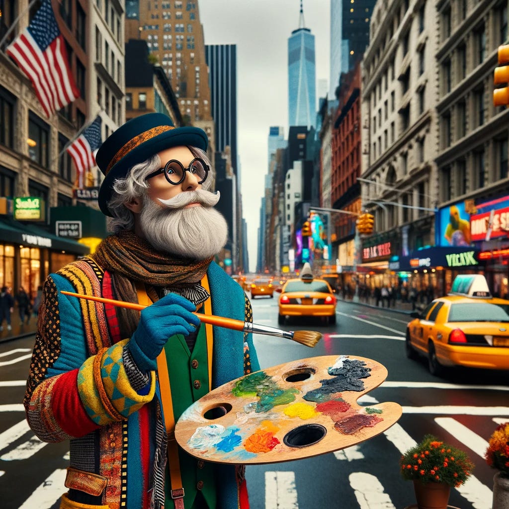 A man with a beard and glasses that look suspiciously fake holds a paint pallet. He stands on a street that looks a lot like downtown manhattan with cabs and a skyscraper in the background.
