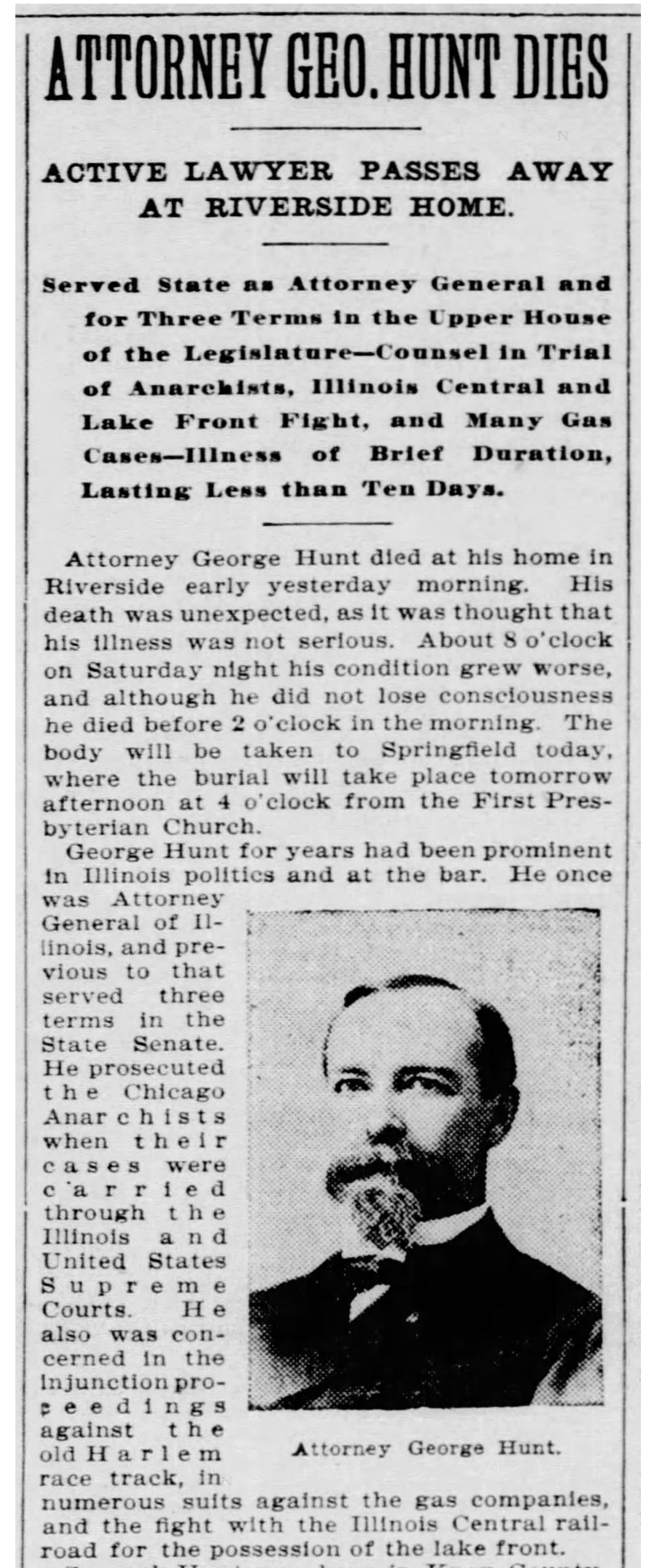 Newspaper article from Chicago Tribune, March 18, 1901 with headlne Attorney Geo. Hunt Dies